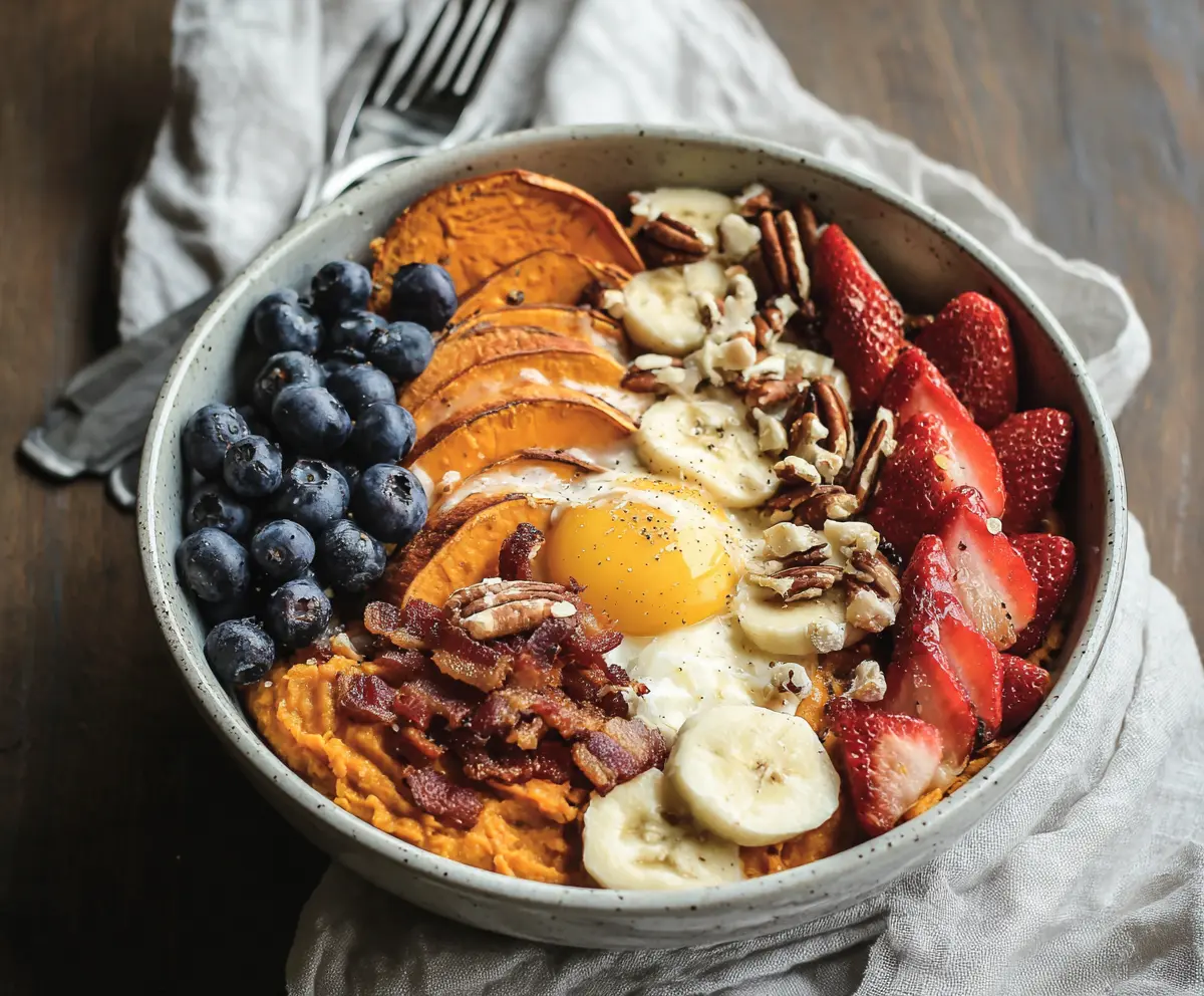Healthy sweet potato breakfast bowl topped with fresh fruits and nuts in a vibrant setting.