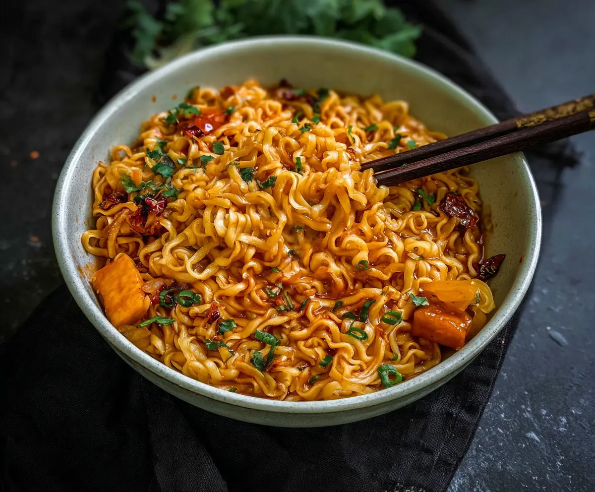 Delicious Sweet Thai Chili Ramen Noodles served in a bowl, garnished with fresh herbs and vegetables.
