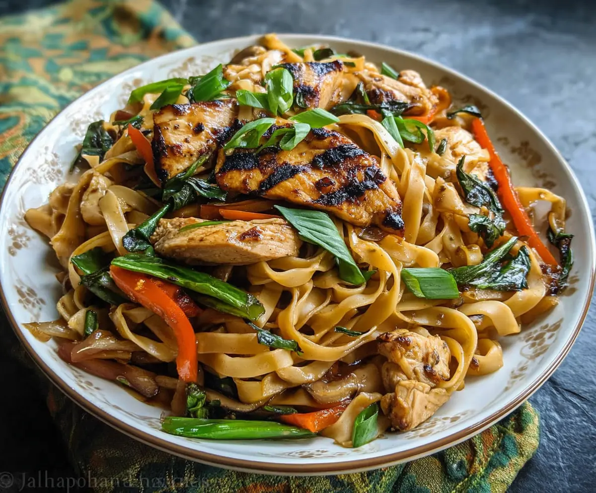 Delicious Thai Basil Chicken Noodles served in a bowl with fresh herbs and vibrant vegetables.
