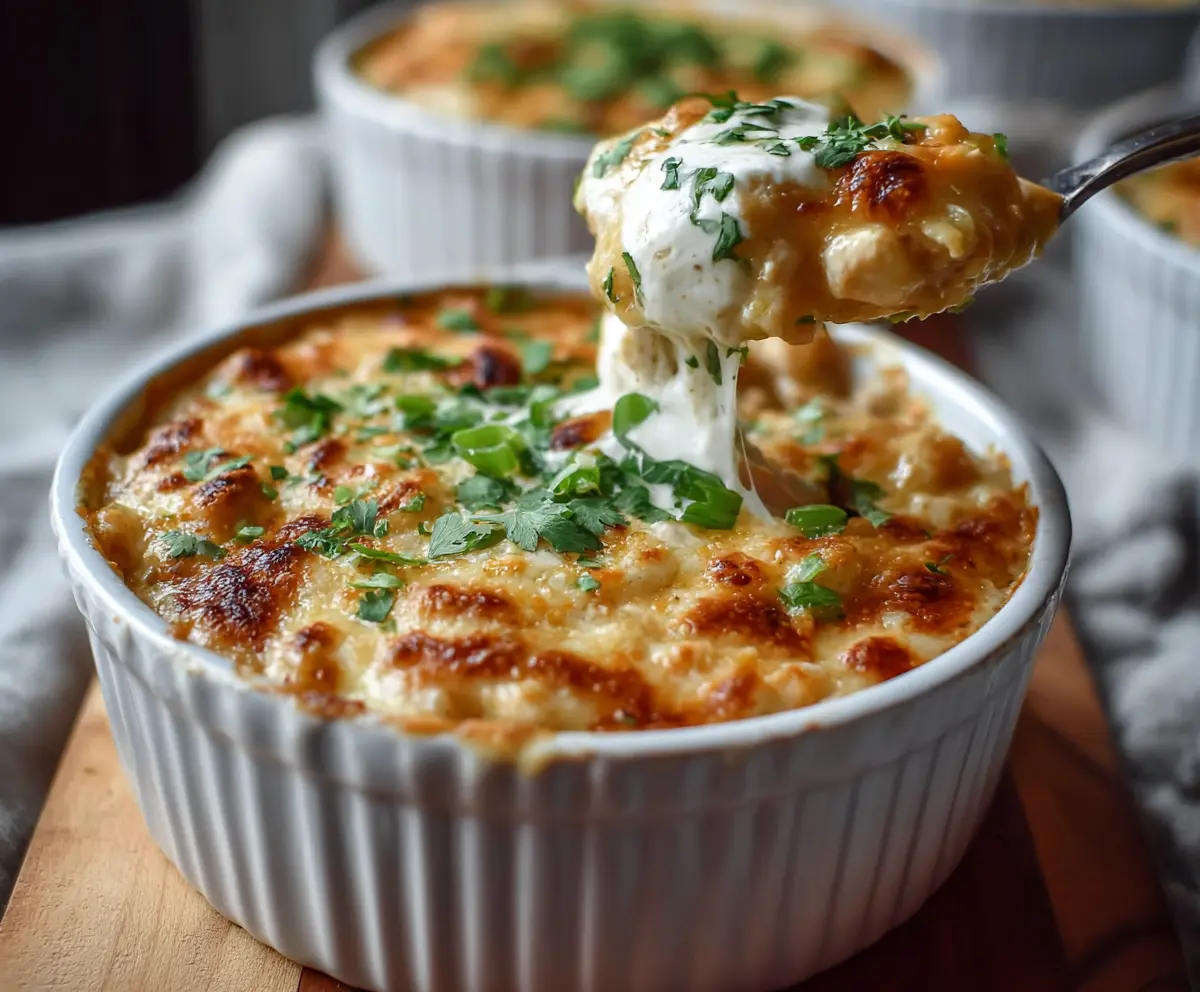 Creamy white chicken chili cottage cheese winter bake served in a baking dish.