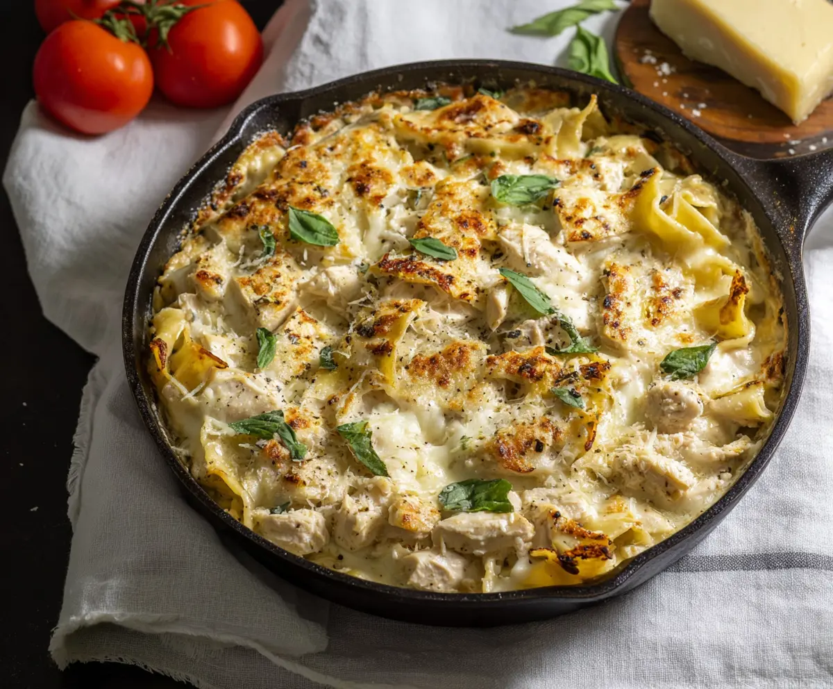 Delicious white chicken skillet lasagna with melted cheese and creamy sauce in a rustic skillet.