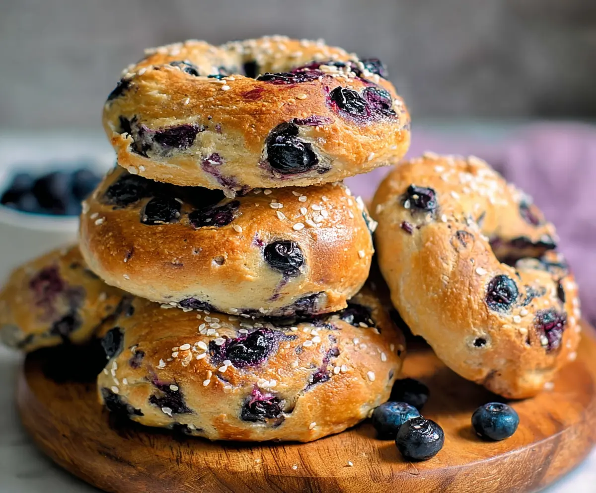 Delicious homemade 4 ingredient blueberry bagels on a white plate with fresh blueberries.