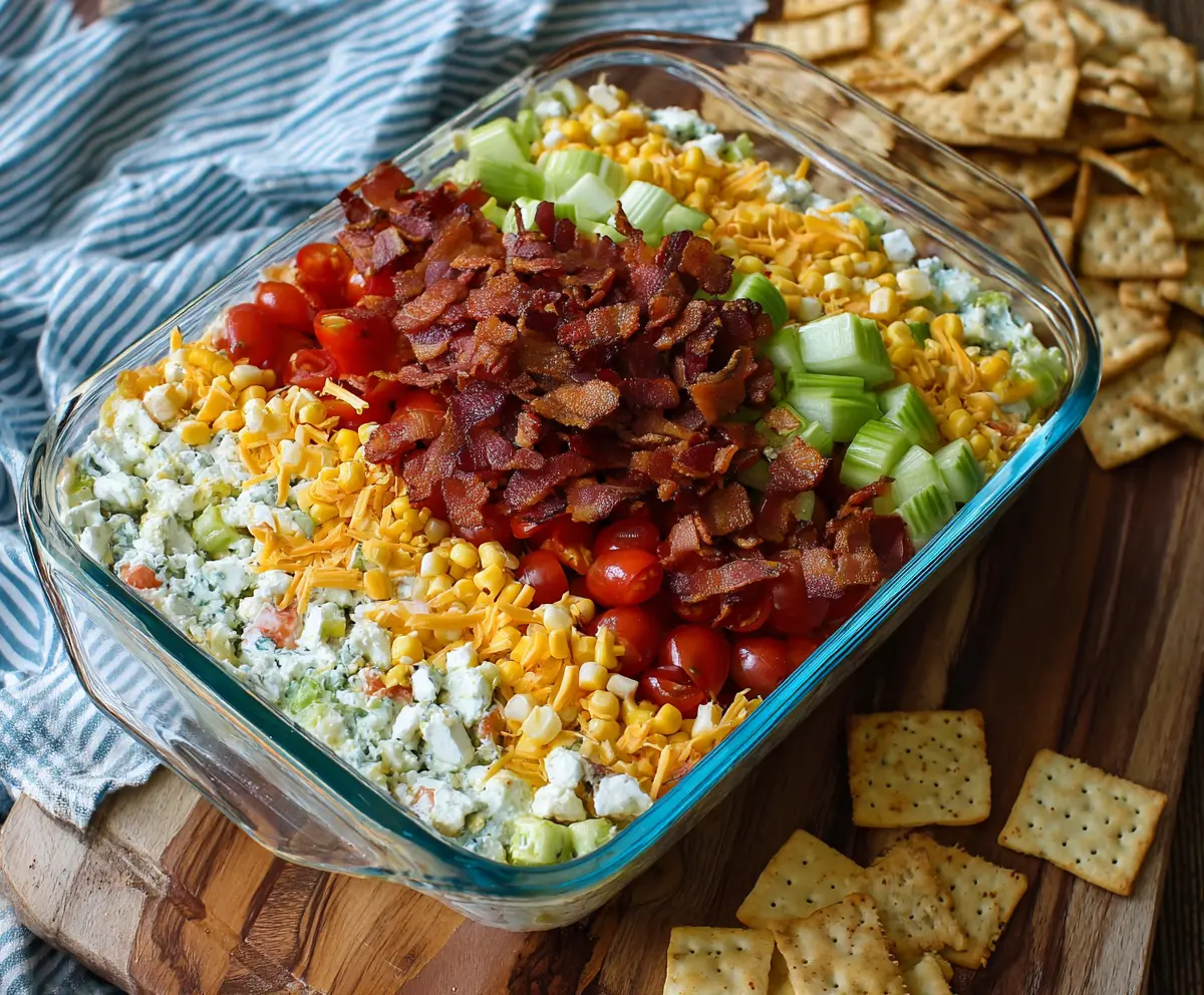 Delicious 7 Layer Cobb Salad Dip with colorful ingredients arranged in layers