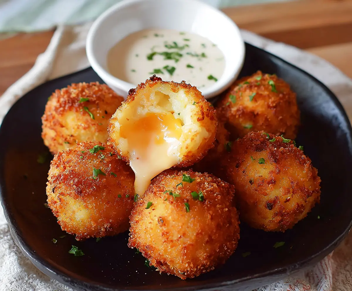 Golden Air Fryer Cheesy Mashed Potato Balls served with a side of fresh herbs and dipping sauce.