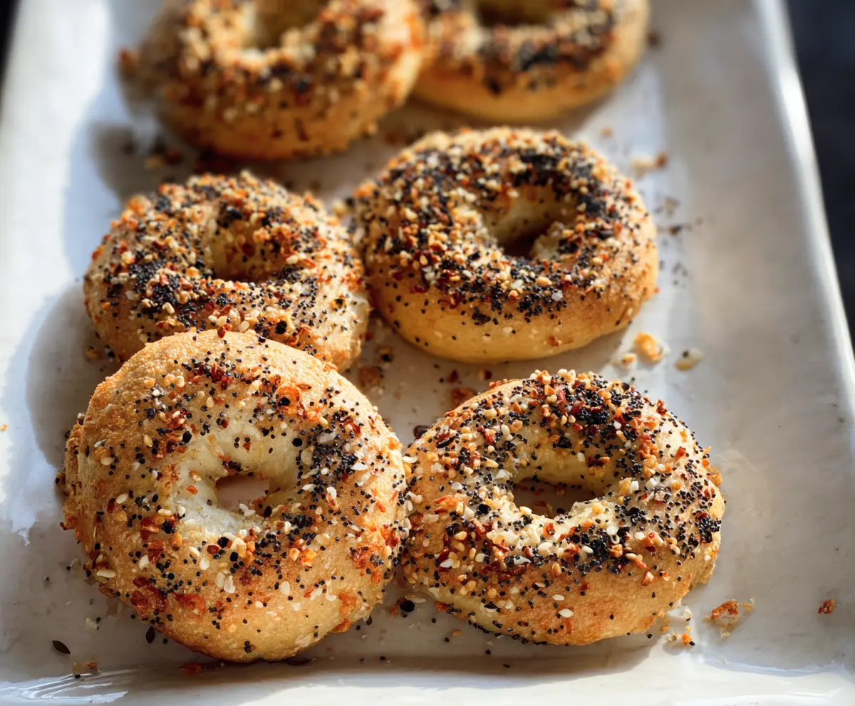 Homemade almond flour Greek yogurt bagels on a wooden board, showcasing a healthy breakfast option.