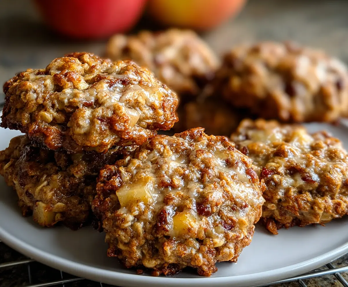 Healthy Apple Cinnamon Cottage Cheese Breakfast Cookies on a plate, showing a golden-brown crust and apple chunks.
