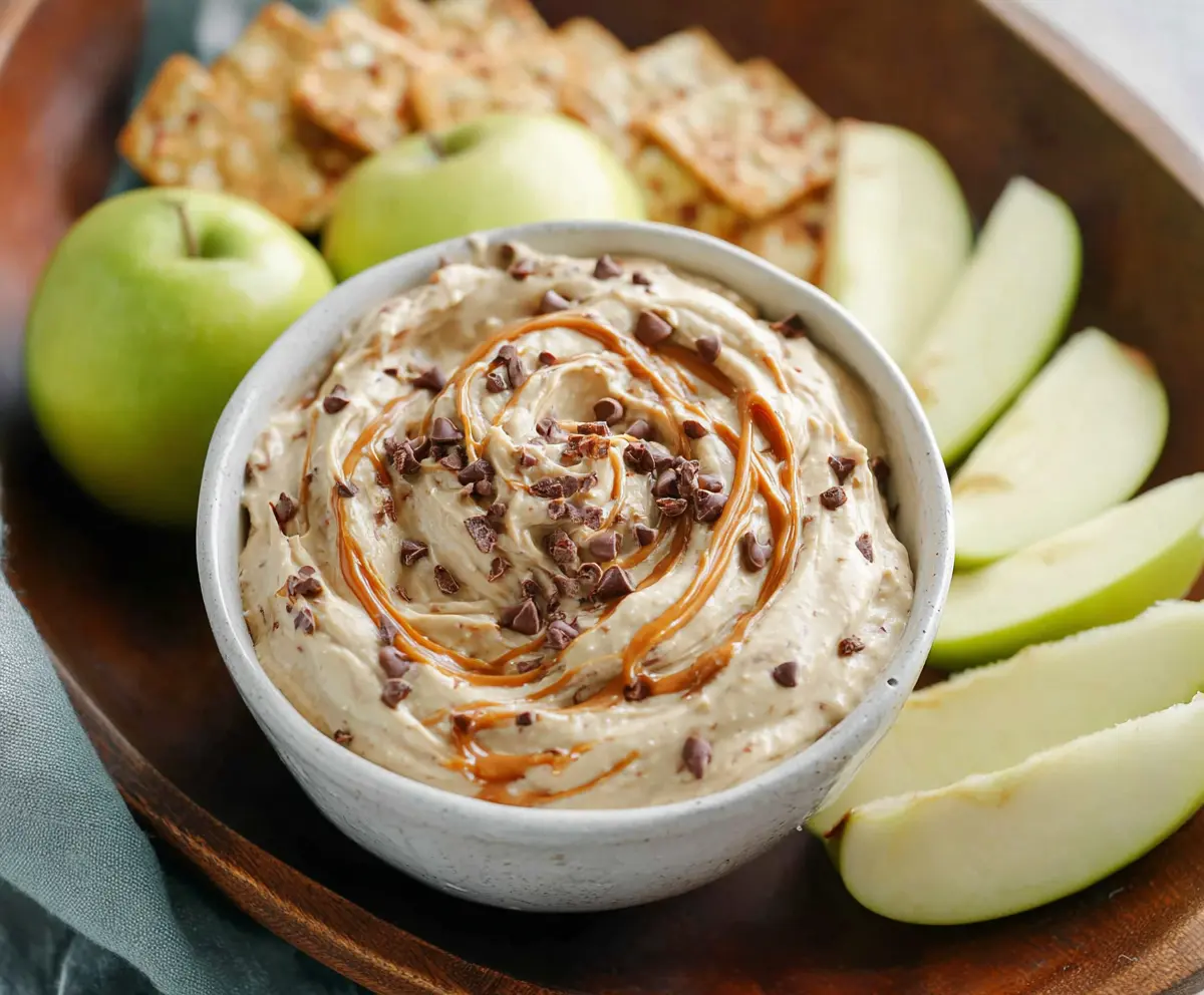 Delicious apple toffee dip served with fresh apple slices for a sweet snack.