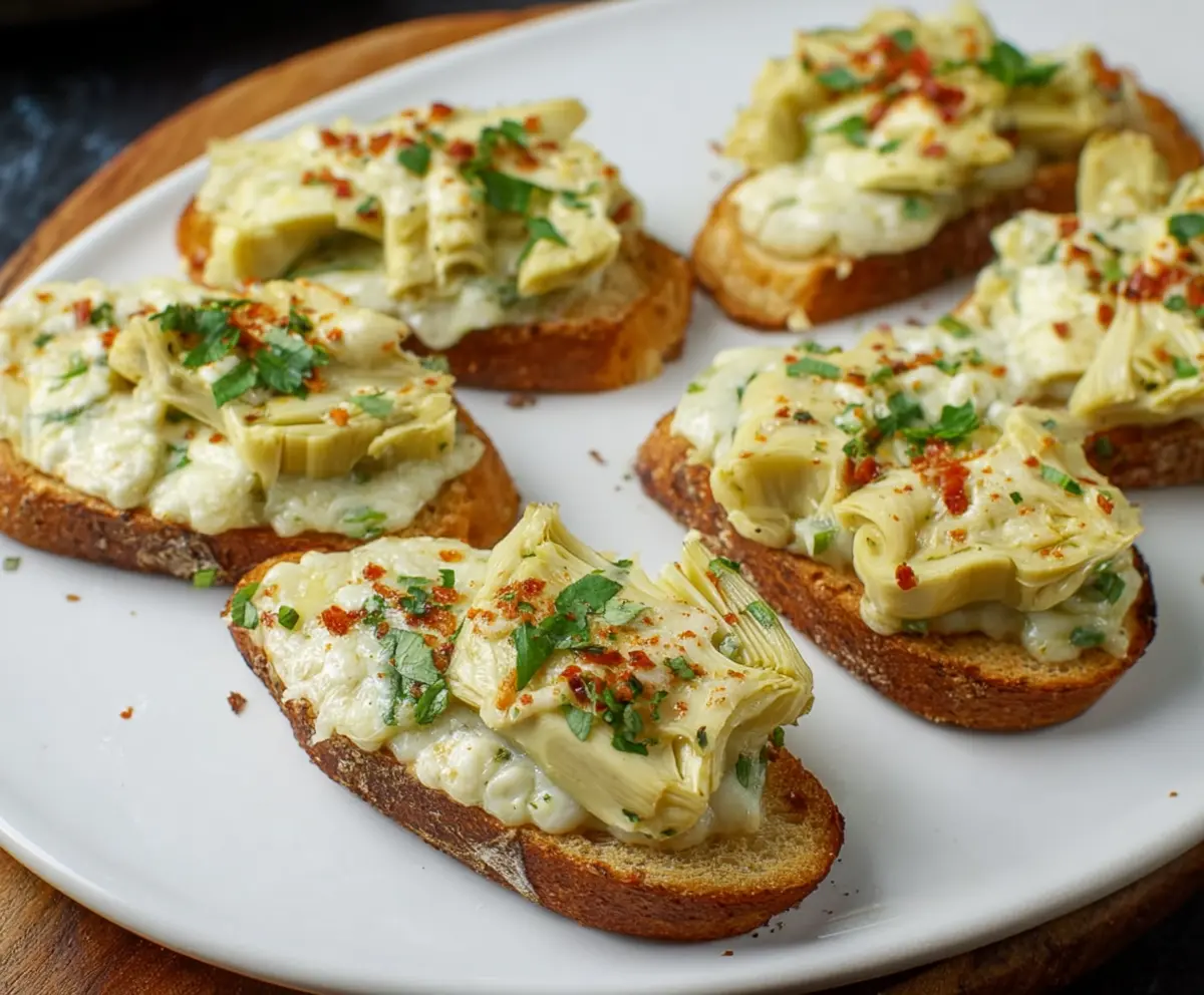 Delicious artichoke bruschetta served on a rustic wooden platter with fresh herbs.