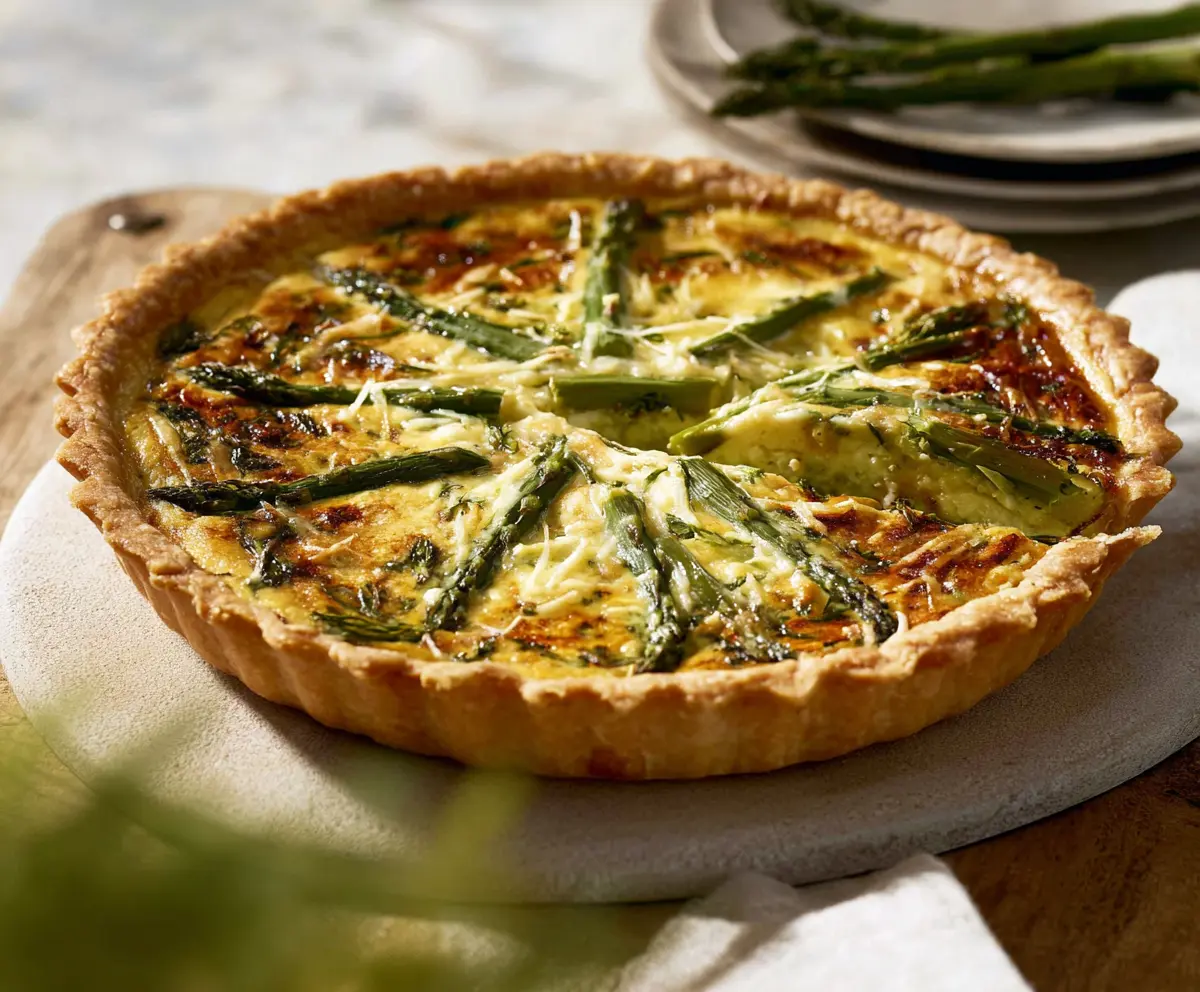 Delicious asparagus and Gruyère cheese quiche on a rustic plate, perfect for brunch or lunch.