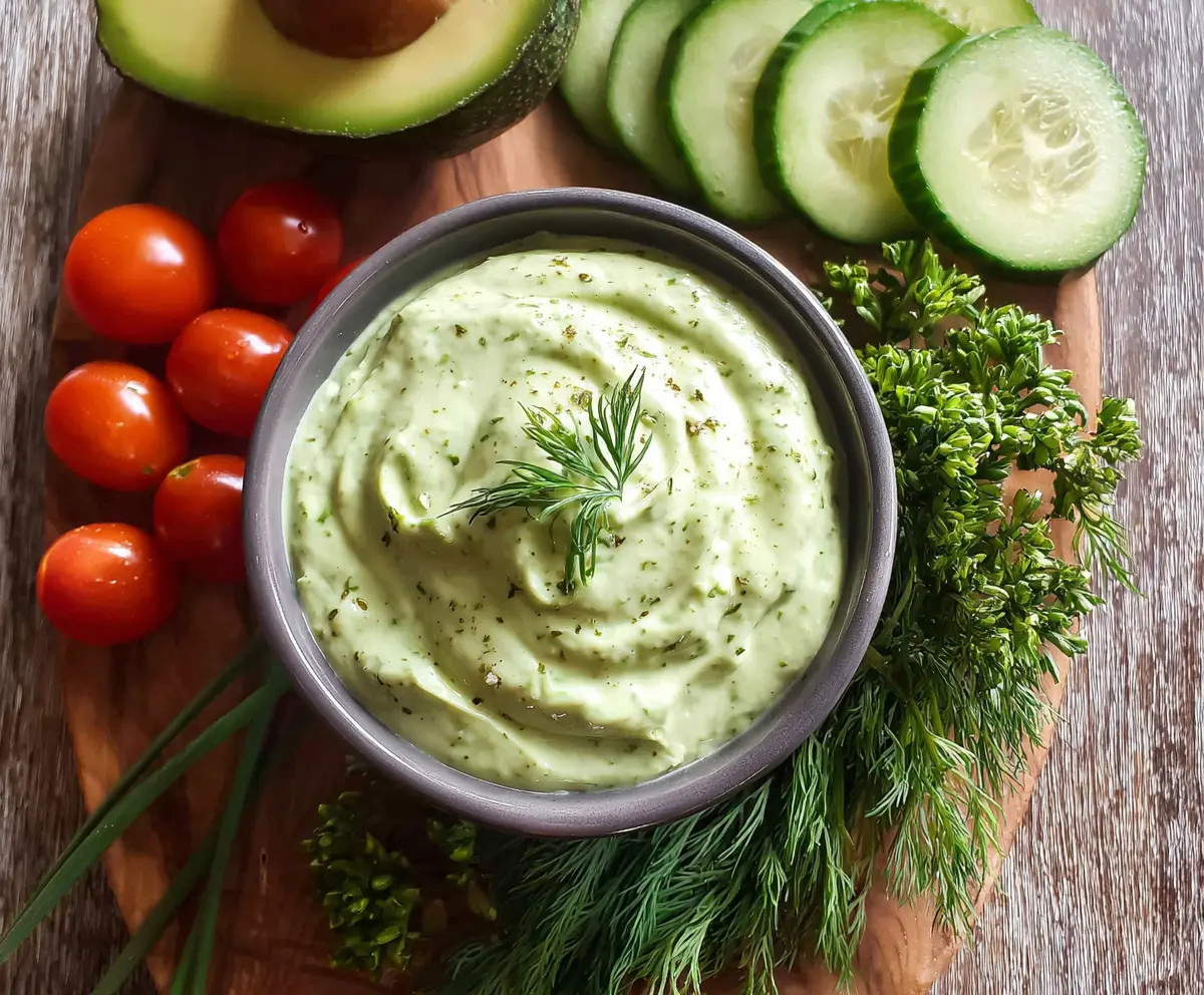 Creamy avocado ranch dip with fresh herbs in a bowl, perfect for snacking and party platters.