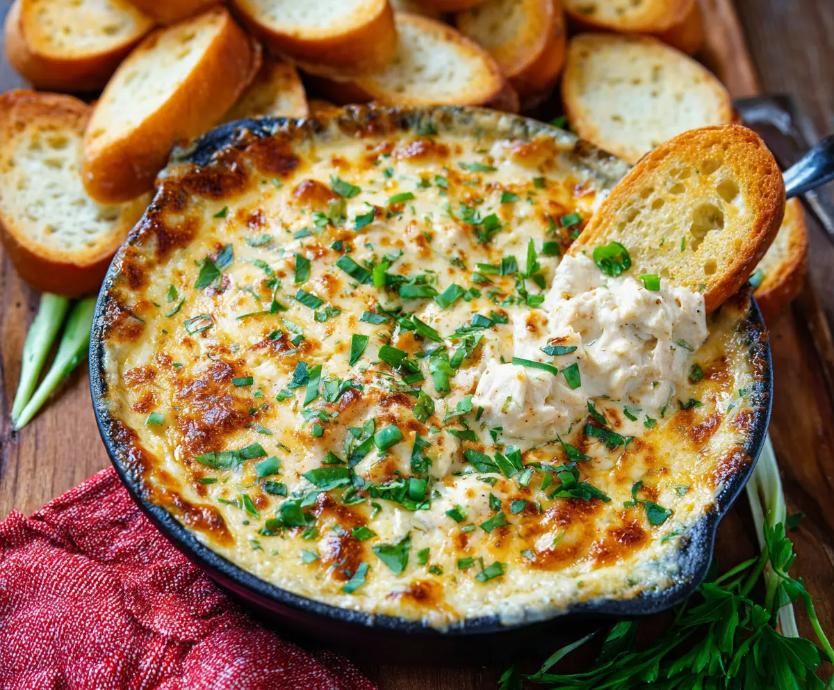 Delicious baked chicken Alfredo dip served in a bowl with crispy breadsticks on the side.