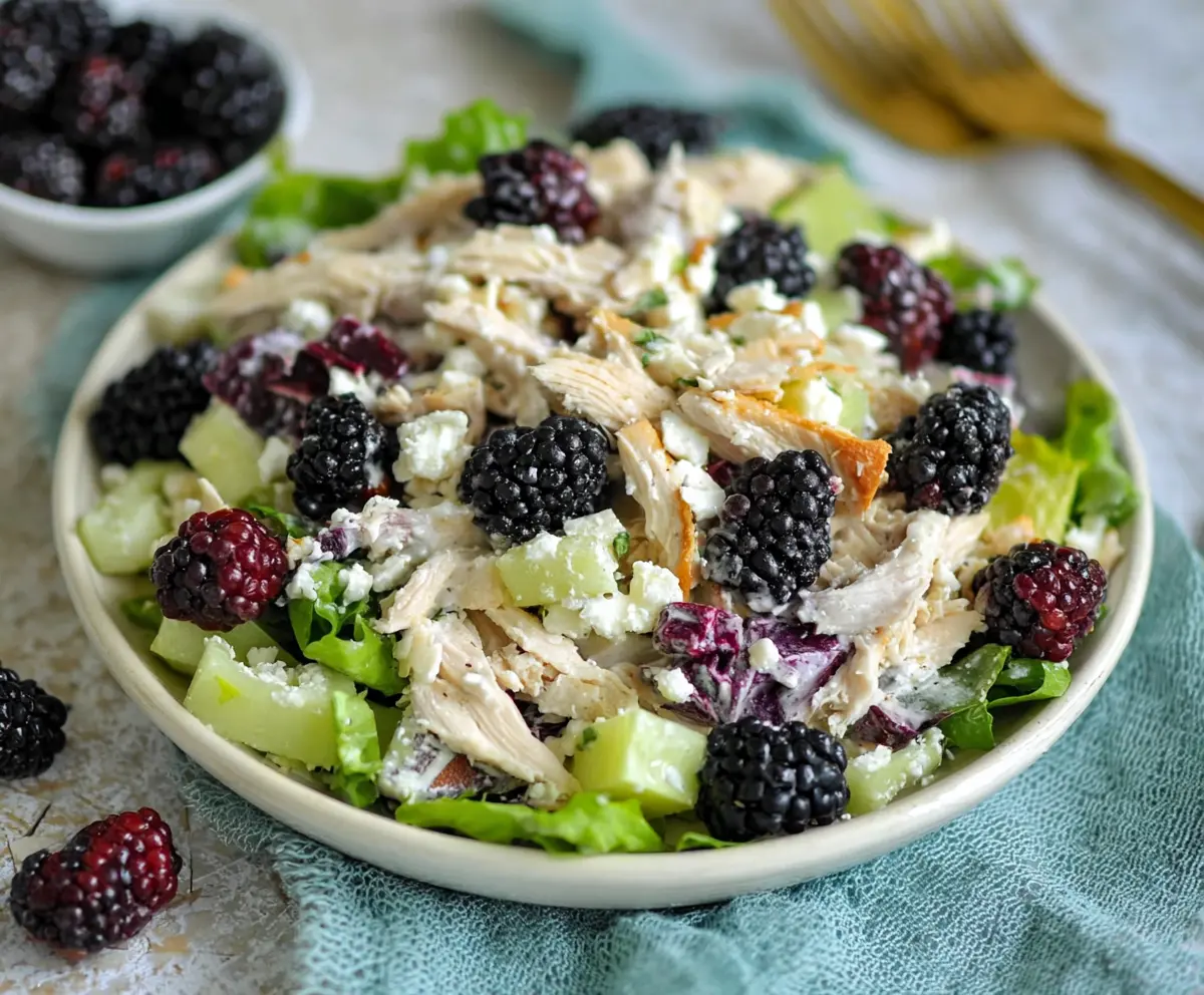 Delicious Blackberry Cottage Cheese Chicken Salad served in a bowl with fresh blackberries and herbs.