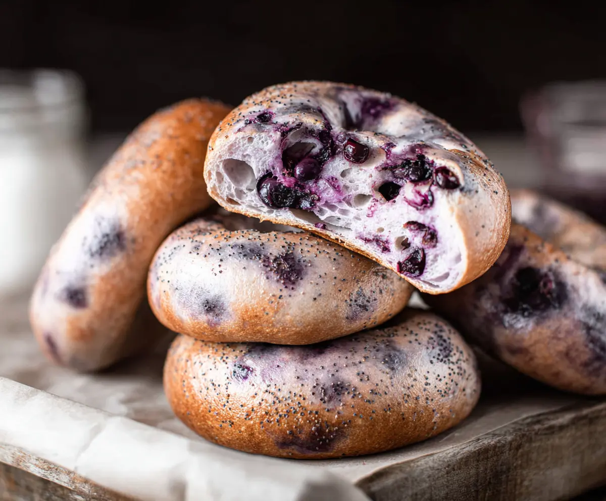 Freshly baked blueberry bagels with vibrant blueberries and a golden crust on a rustic wooden table.