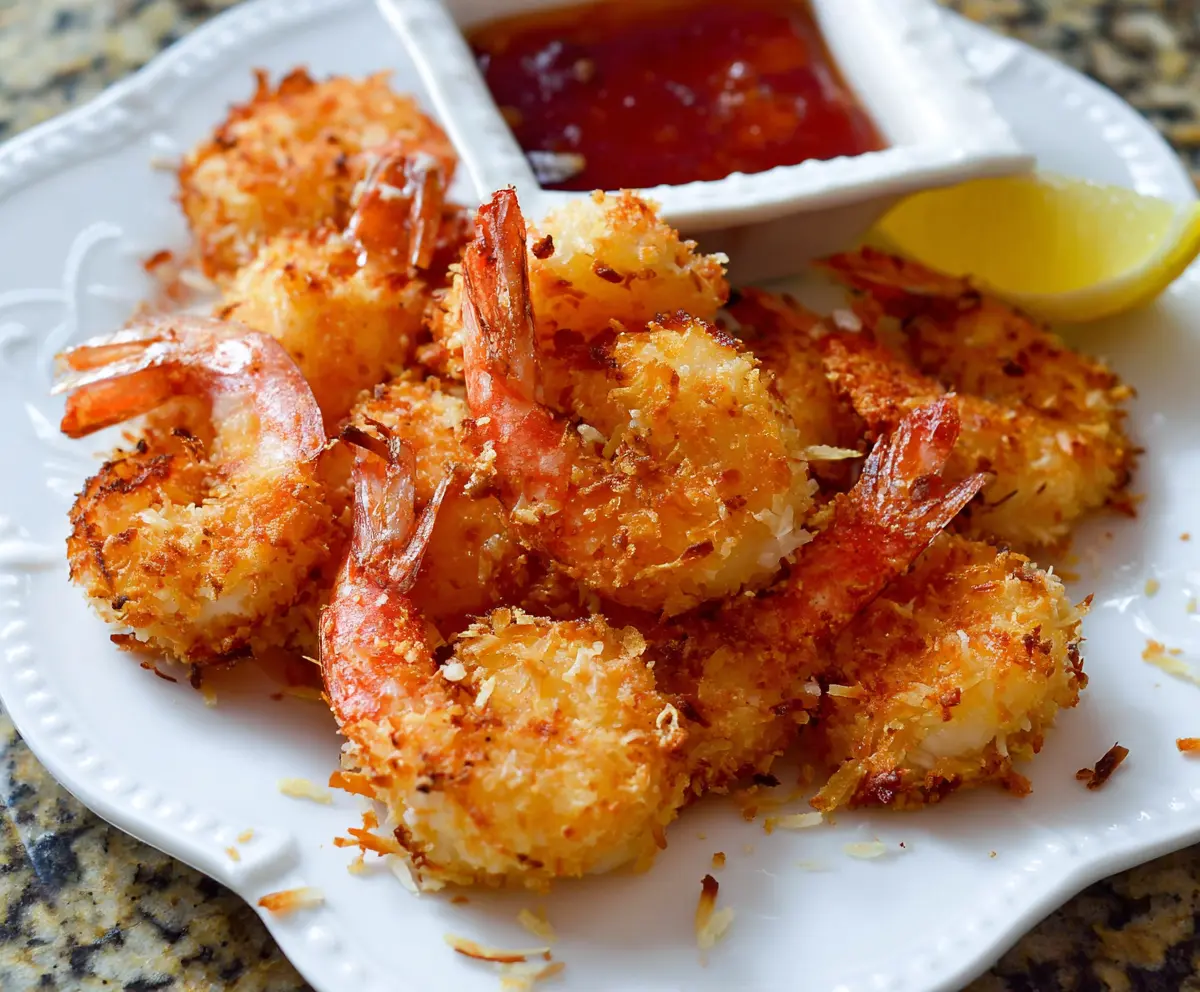 Crispy breaded coconut shrimp served on a plate with a dipping sauce, perfect for appetizers.