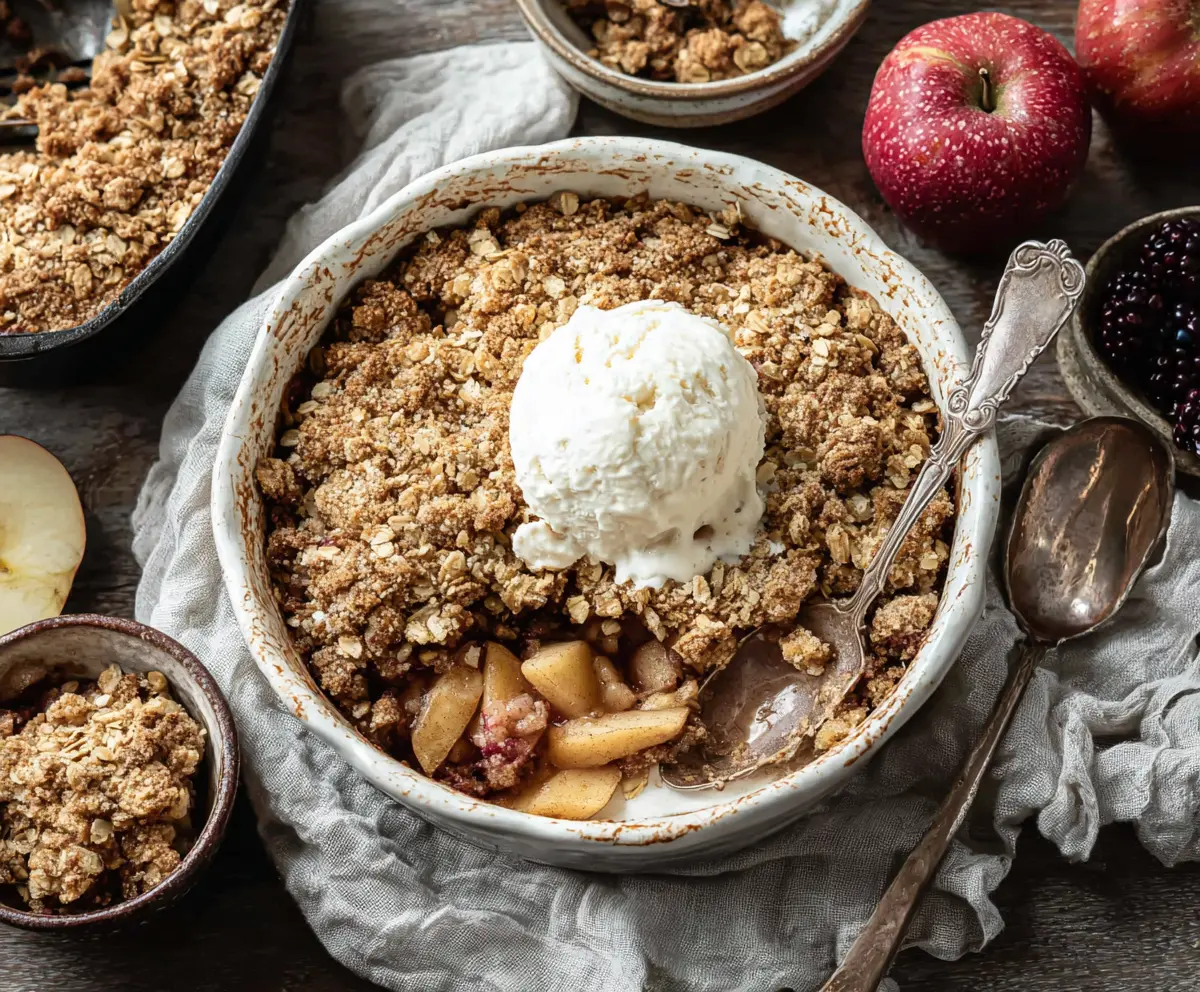 Delicious homemade breakfast apple crumble with golden crust and fresh apple filling
