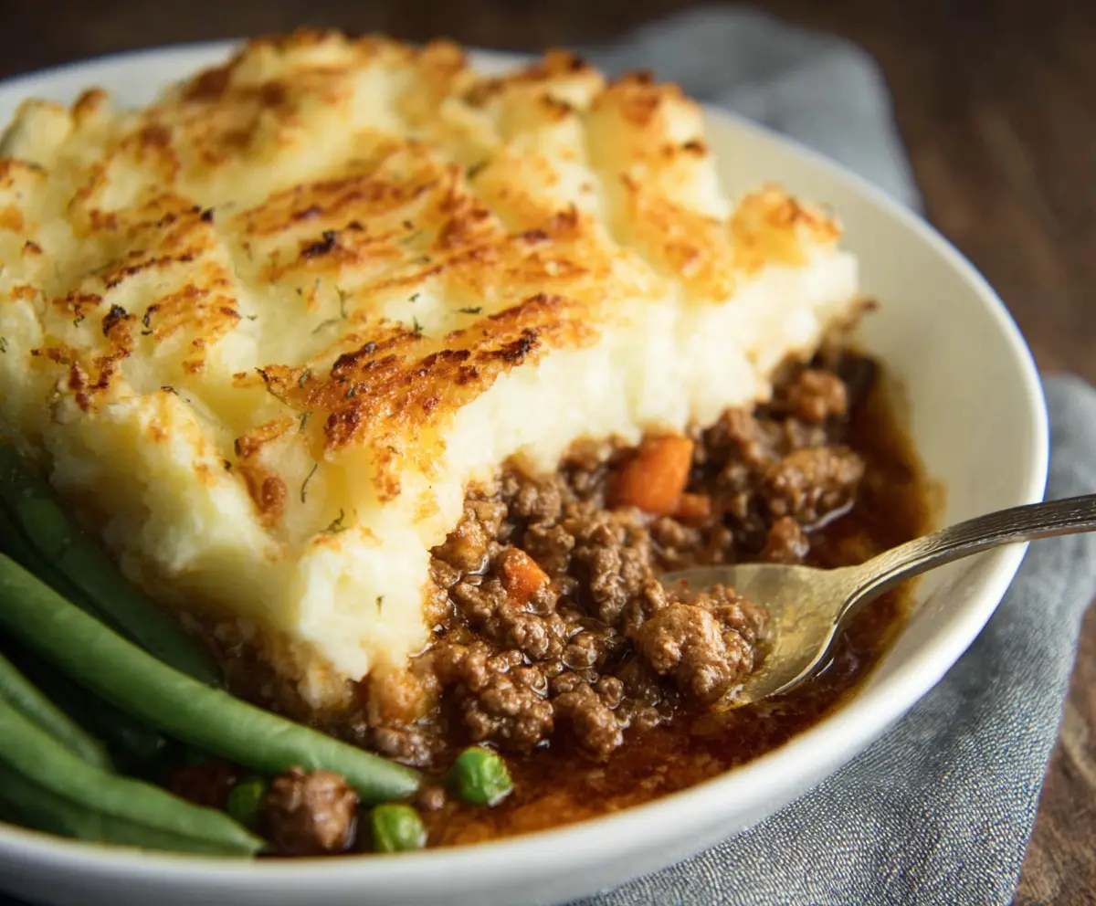 Delicious homemade British Shepherd's Pie topped with golden mashed potatoes and savory meat filling.