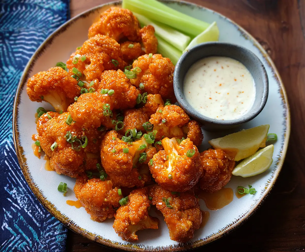 Crispy Buffalo Cauliflower Bites served with a side of dipping sauce