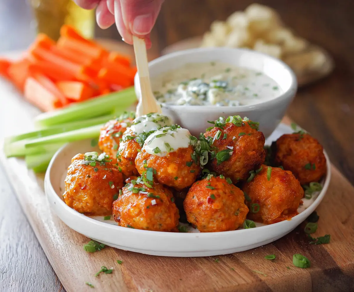 Delicious buffalo chicken meatballs served with creamy blue cheese dip, perfect for appetizers or parties.