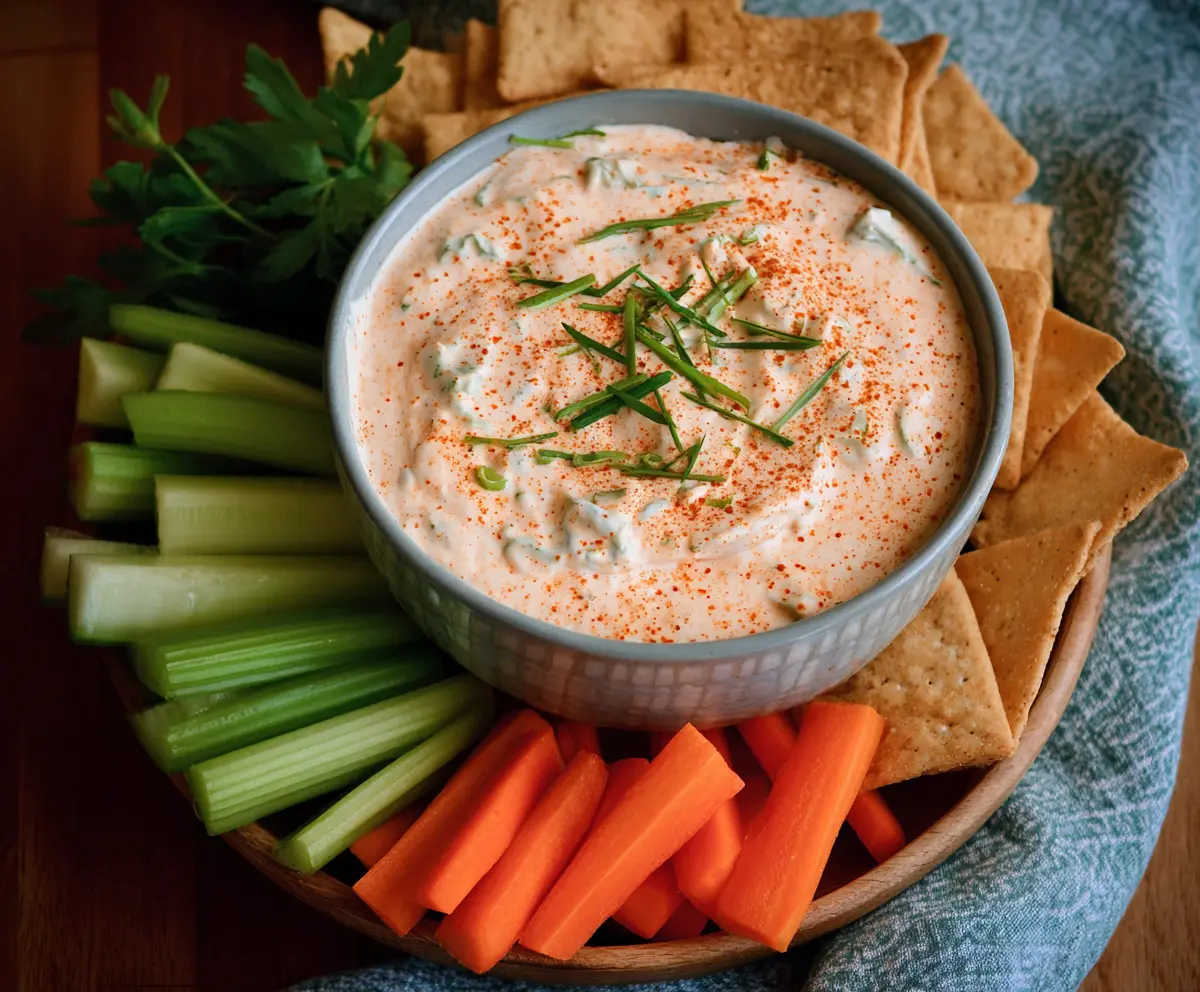 Creamy Buffalo Ranch Dip served with fresh vegetables and chips, perfect for parties and gatherings.