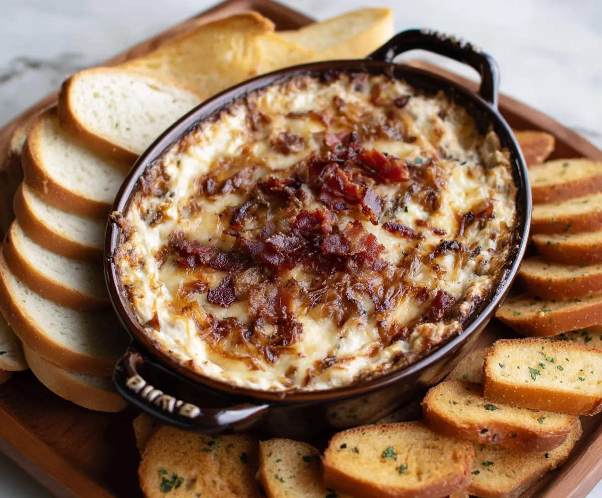 Creamy caramelized onion and crispy bacon dip in a bowl, perfect for snacks and parties.