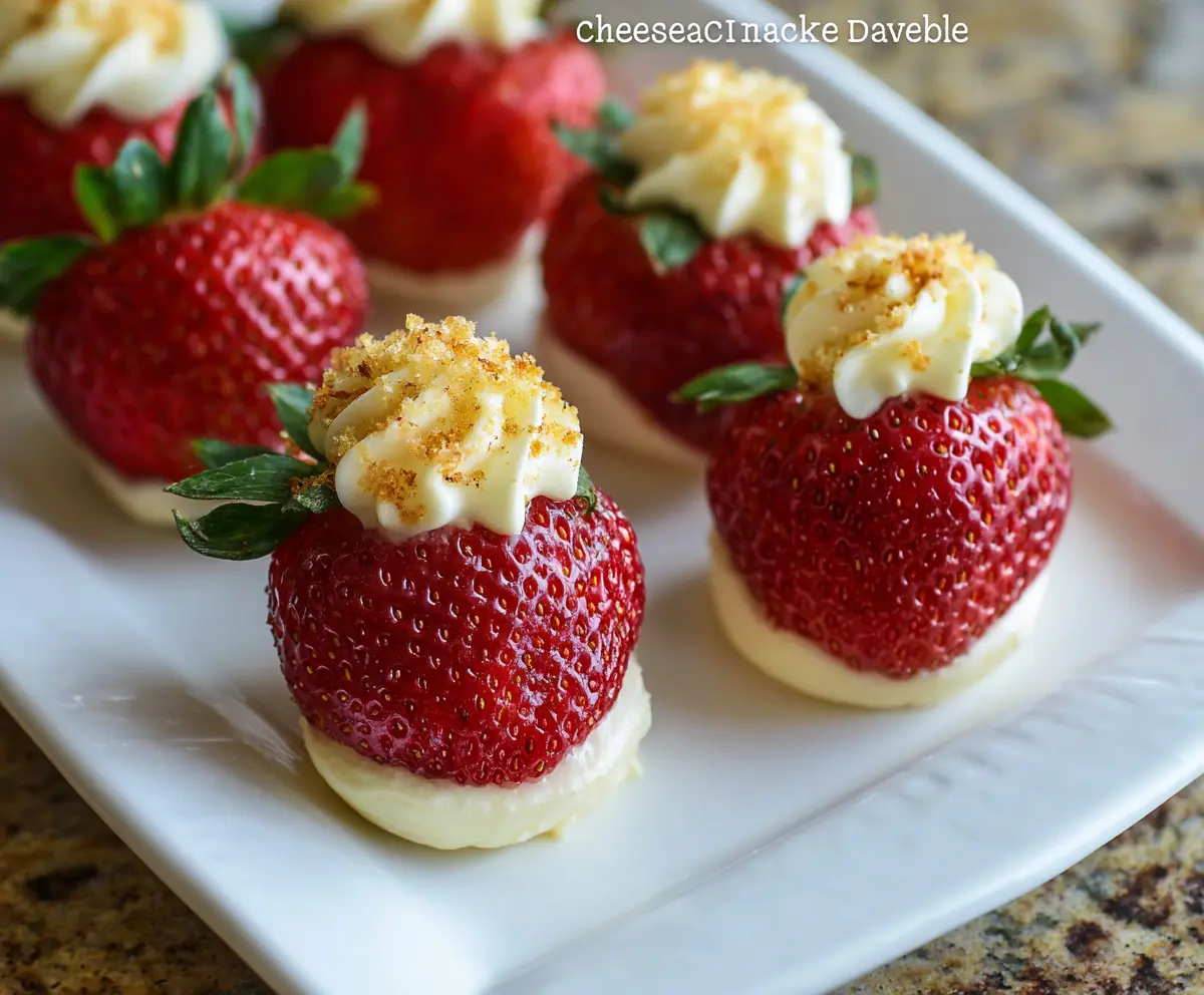Delicious cheesecake-stuffed deviled strawberries topped with chocolate drizzle.