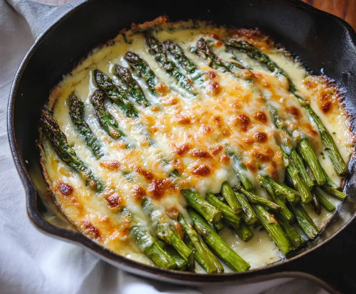 Delicious cheesy baked asparagus garnished with melted cheese and fresh herbs.