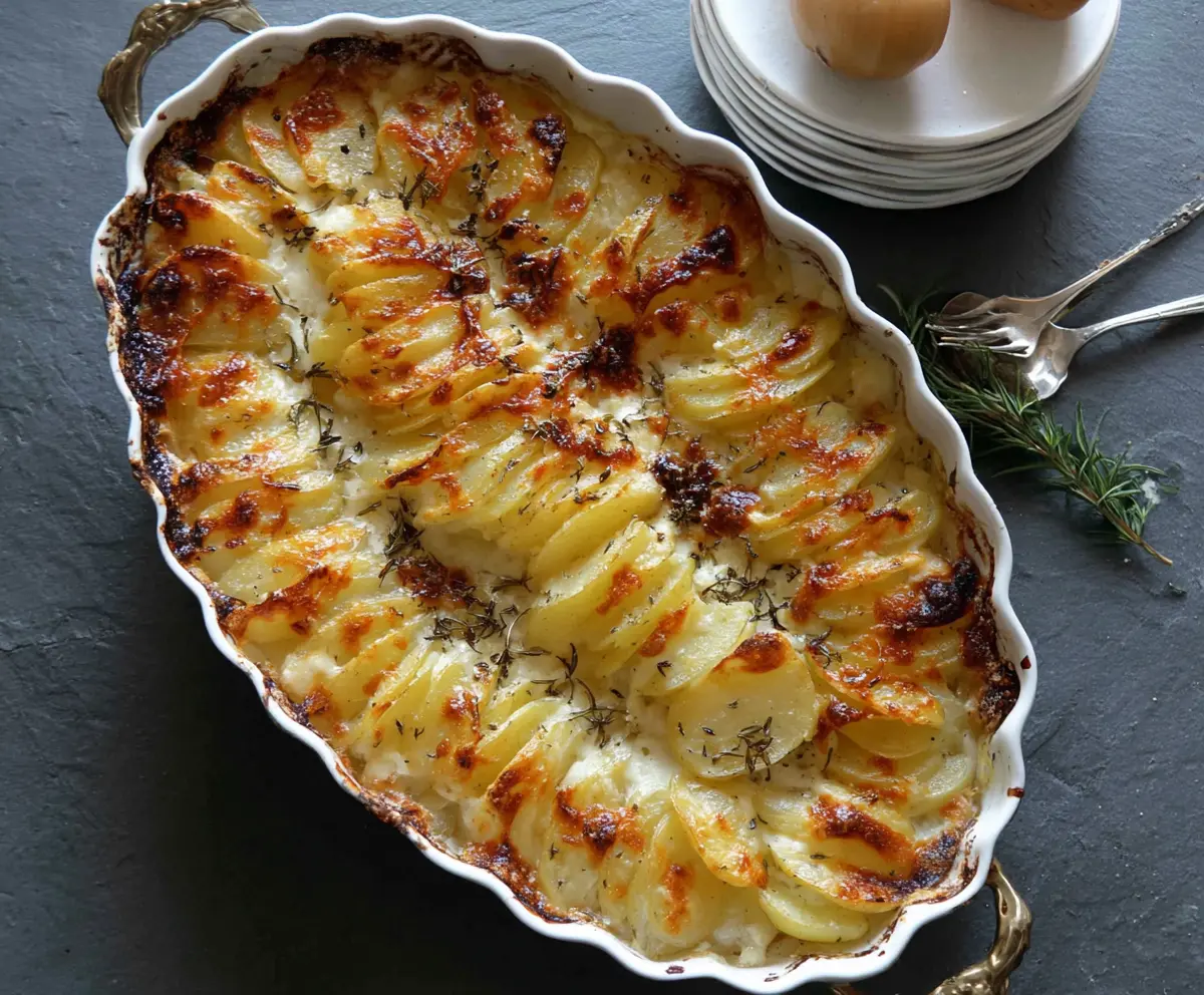 Delicious cheesy garlic butter potato bake garnished with herbs, perfect for a hearty family meal.