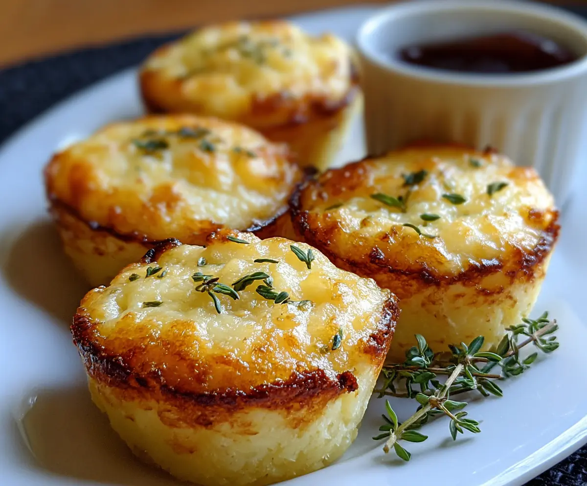 Golden cheesy mashed potato puffs garnished with herbs on a white plate
