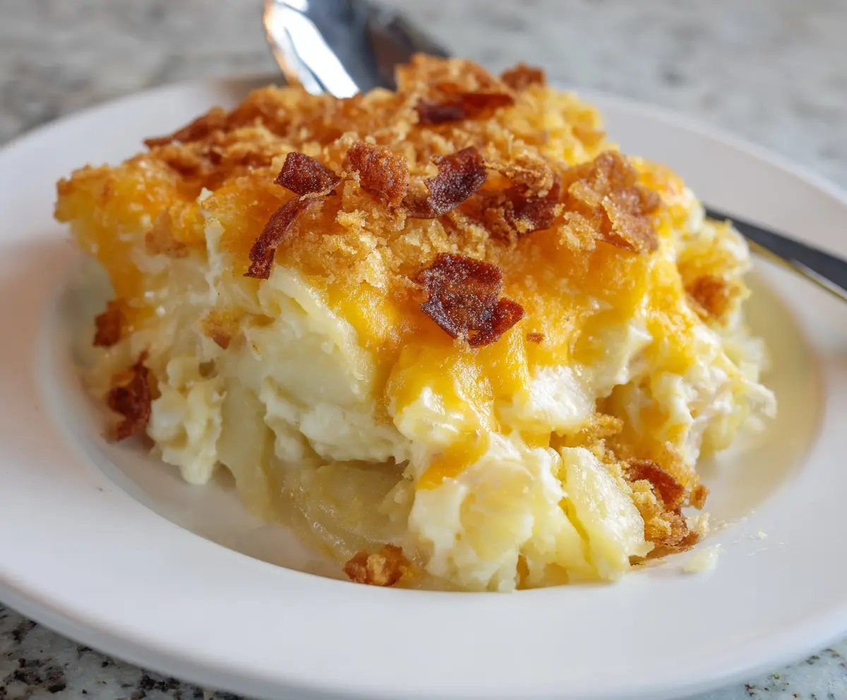 Delicious cheesy potato casserole topped with melted cheese and herbs ready for serving.