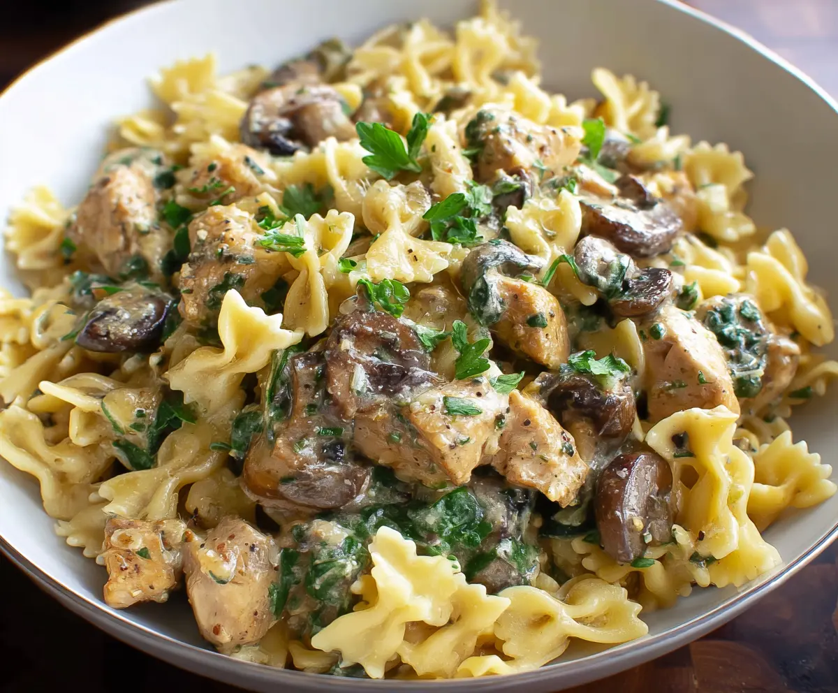 Delicious chicken and mushroom pasta dish served on a plate, showcasing creamy sauce and al dente pasta.