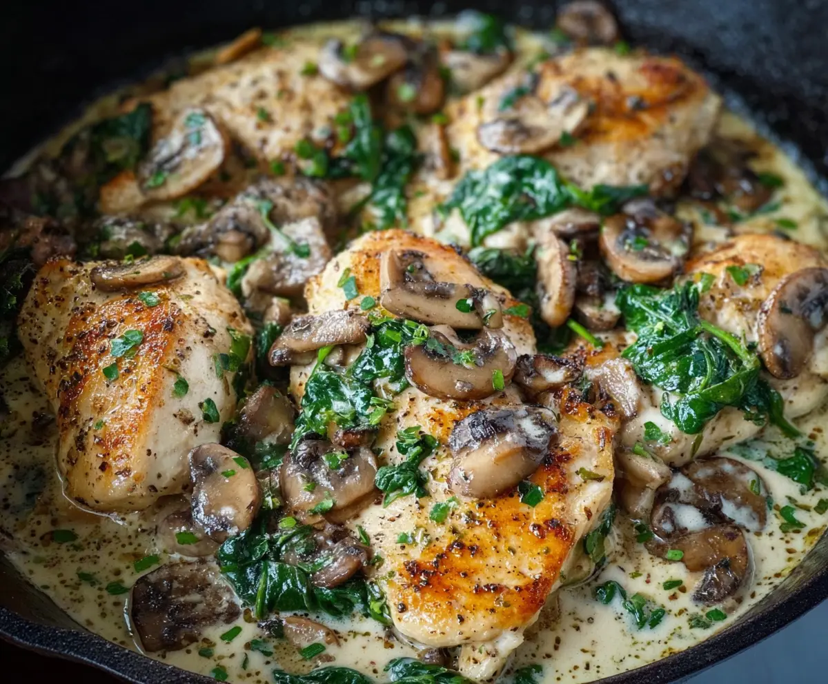Delicious chicken mushroom spinach skillet meal served hot, showcasing fresh vegetables and tender meat.