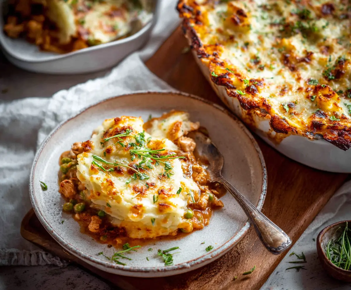 Delicious homemade Chicken Shepherd's Pie topped with golden mashed potatoes and cooked chicken filling