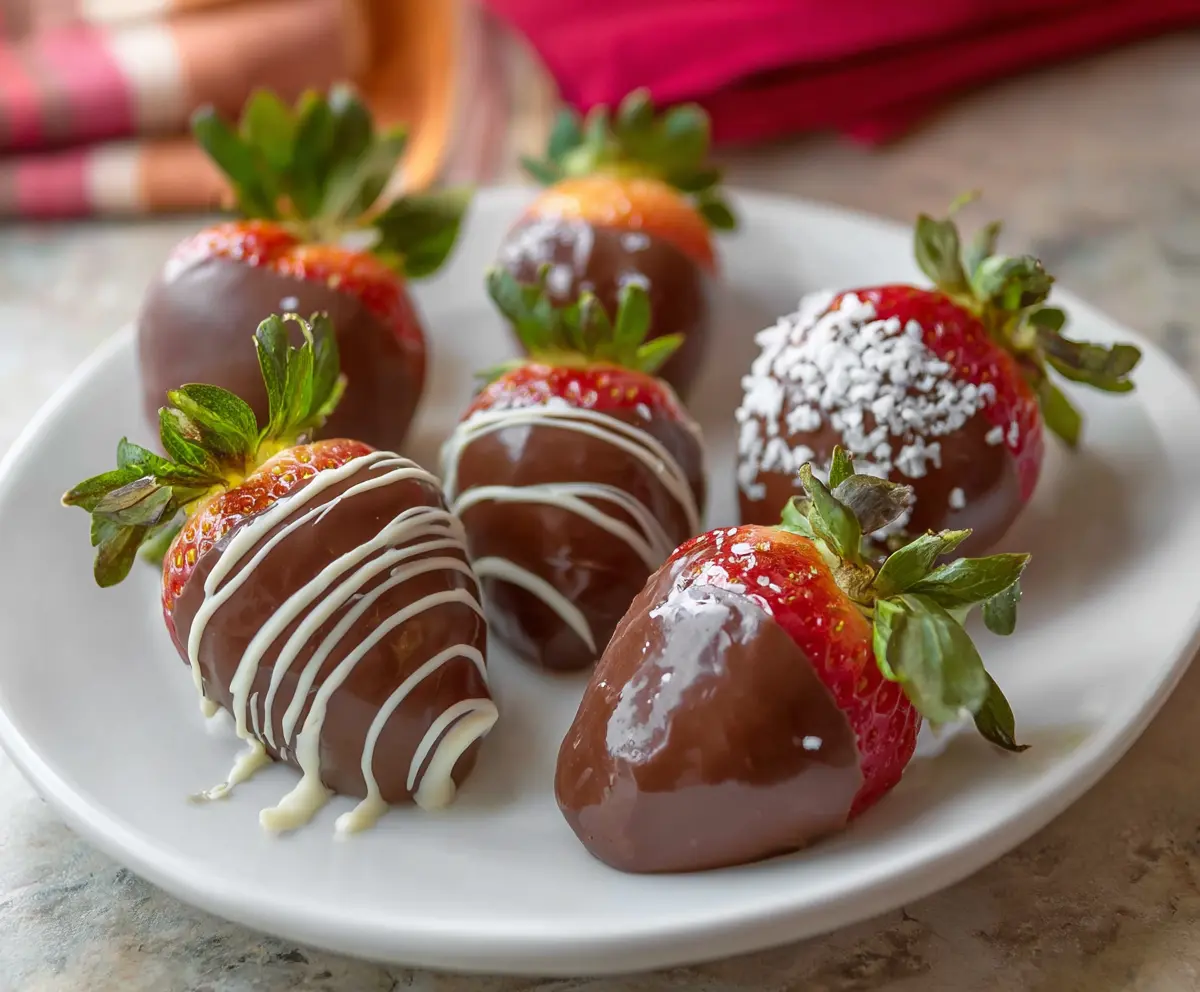 Delicious chocolate-covered strawberries coated in glossy dark chocolate, perfect for dessert or special occasions.