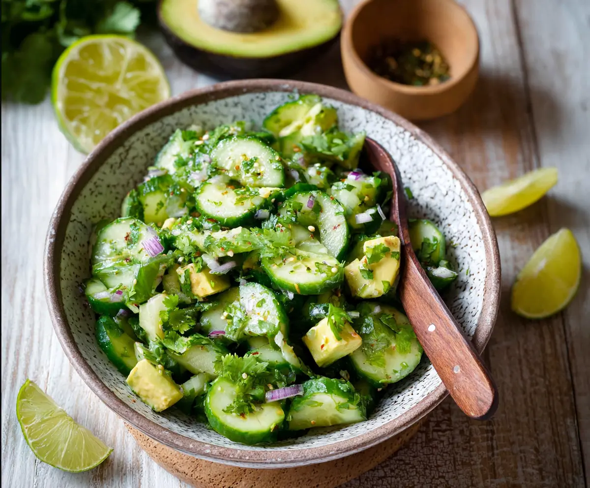 Fresh Cilantro Lime Cucumber Salad with Sliced Avocado and Zesty Dressing