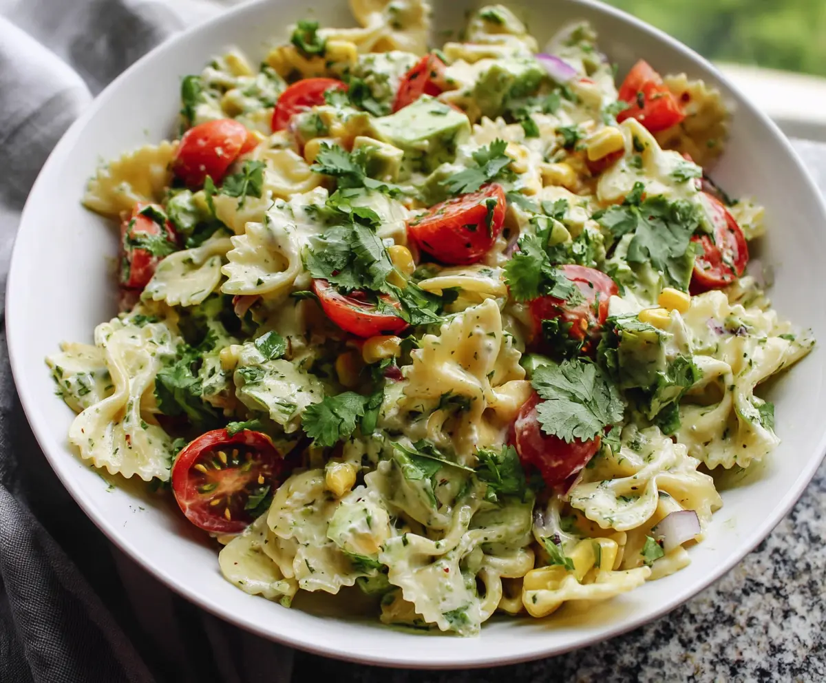 Fresh Cilantro Lime Pasta Salad served in a bowl, highlighting vibrant green herbs and zesty lime dressing.