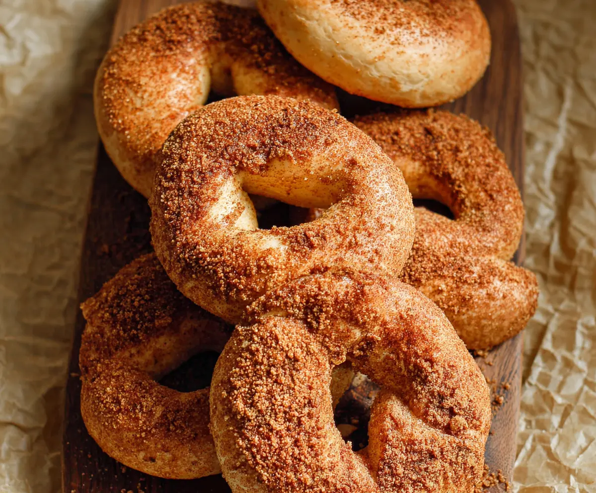 Golden-brown cinnamon bagels fresh out of the oven, perfect for breakfast or snacks.