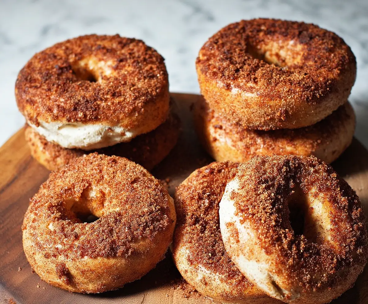Delicious homemade cinnamon sugar crunch bagels with a golden crust and sweet cinnamon topping.