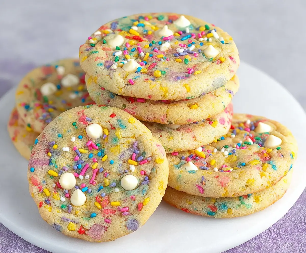 Colorful confetti cookies with festive sprinkles and a chewy texture on a baking tray.