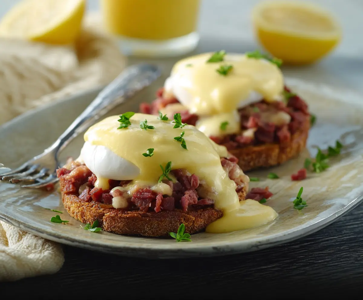 Delicious Corned Beef Hash Eggs Benedict with perfectly poached eggs and creamy hollandaise sauce