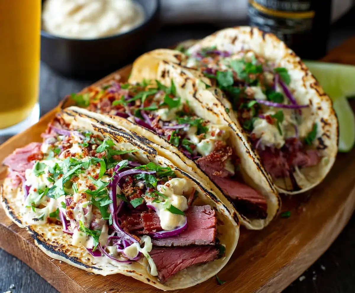 Delicious corned beef tacos with fresh toppings and herbs on a wooden platter.