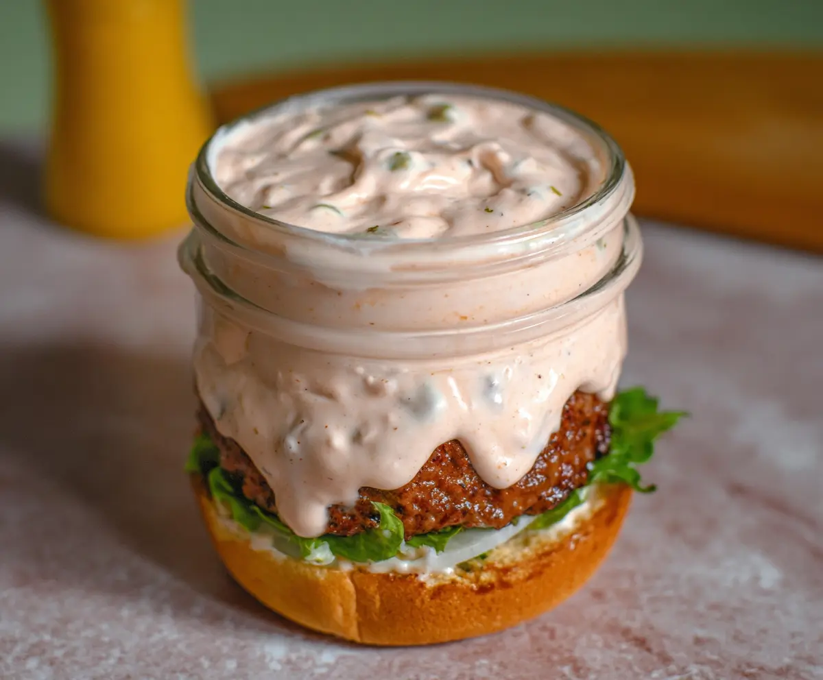 Creamy cottage cheese burger sauce served on a fresh burger bun with lettuce and tomato