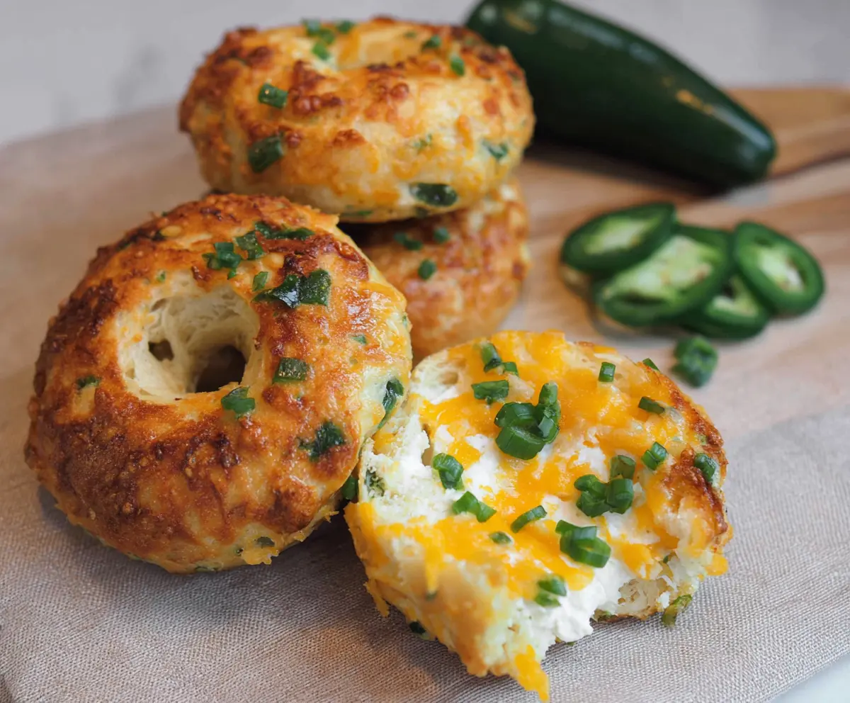 Delicious cottage cheese jalapeño cheddar bagels fresh out of the oven, showcasing a golden crust and spicy jalapeño bits.