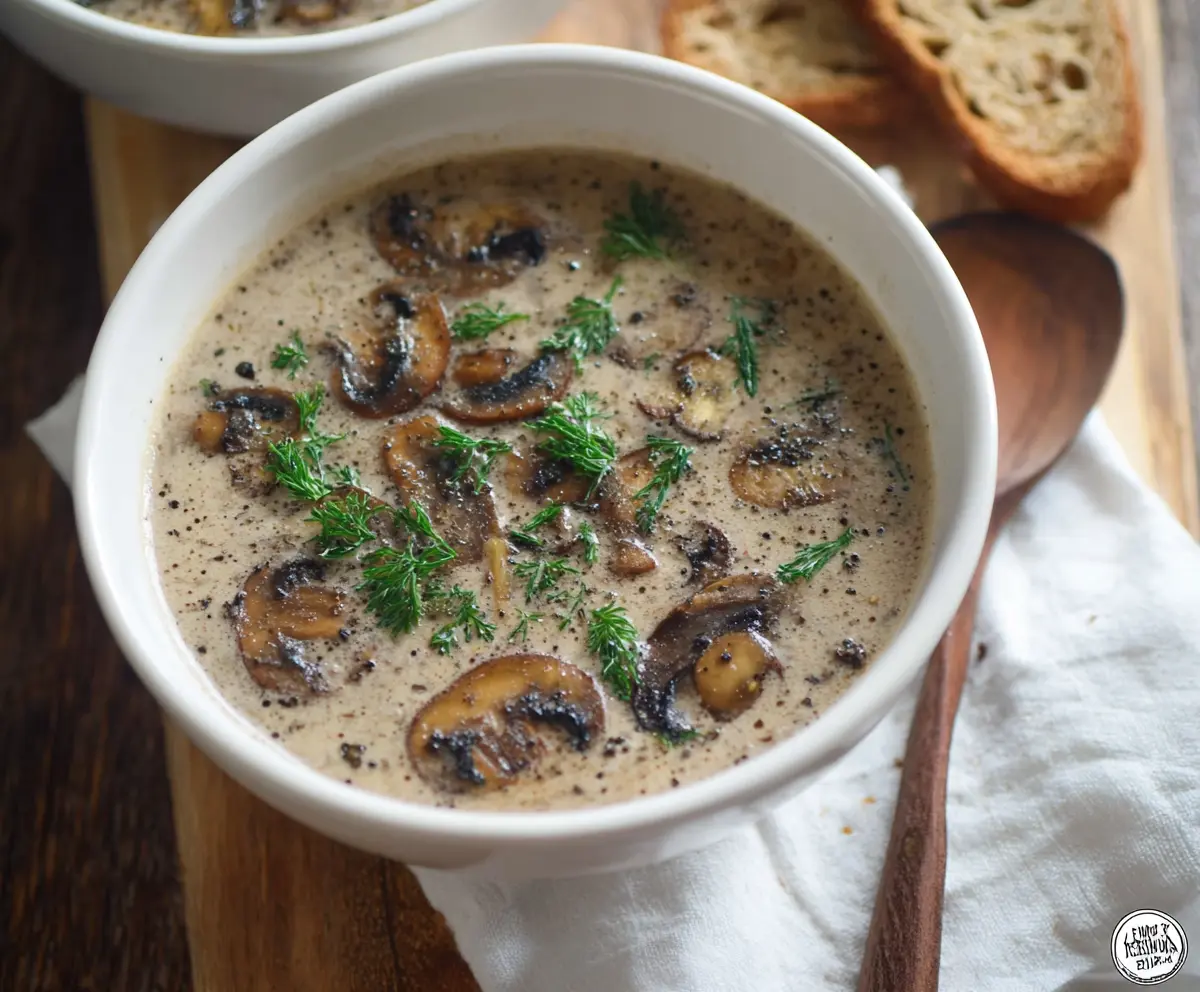 Creamy cottage cheese mushroom soup served in a bowl, garnished with fresh herbs.