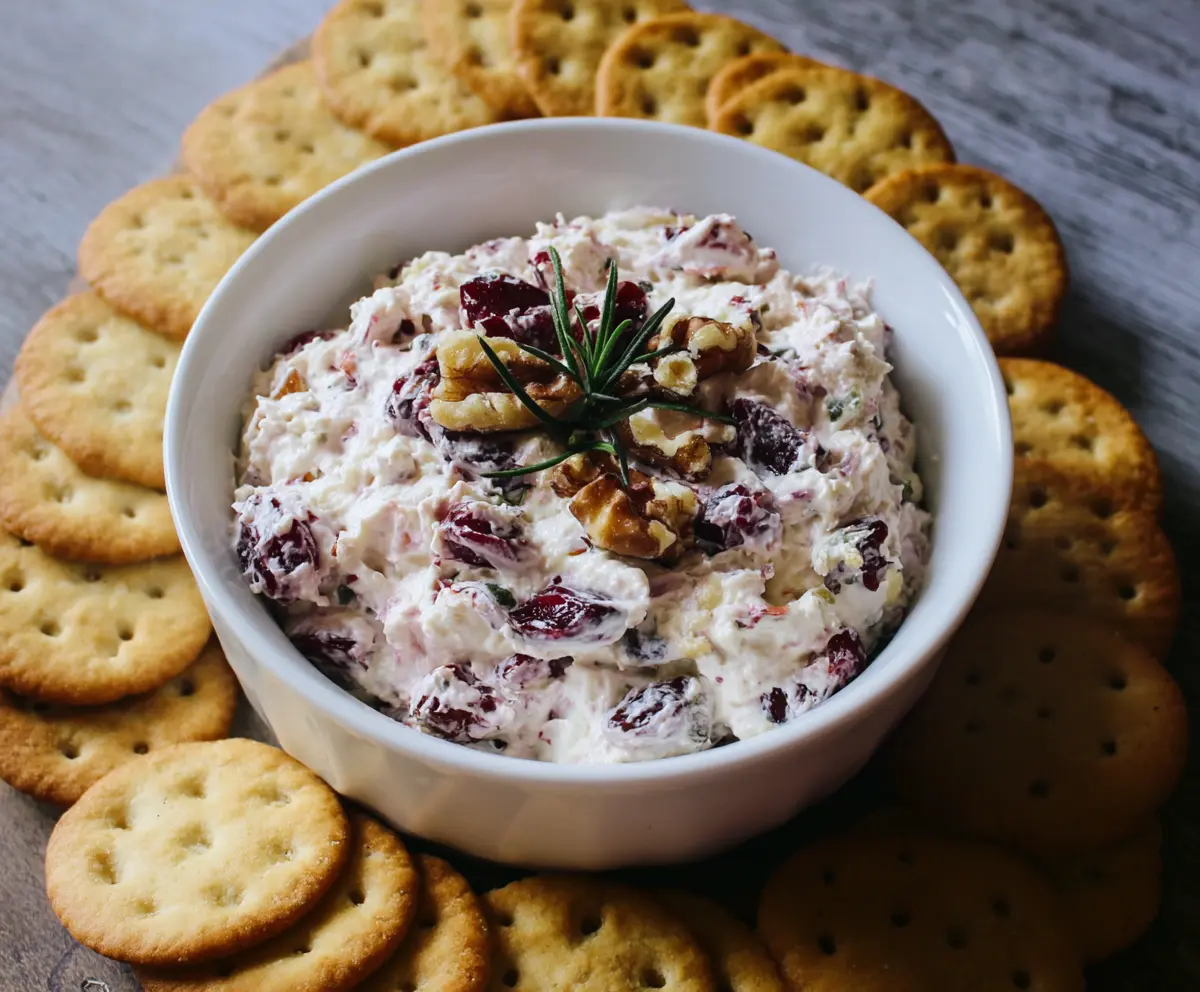 Creamy cranberry walnut cream cheese dip served with fresh fruits and crackers.