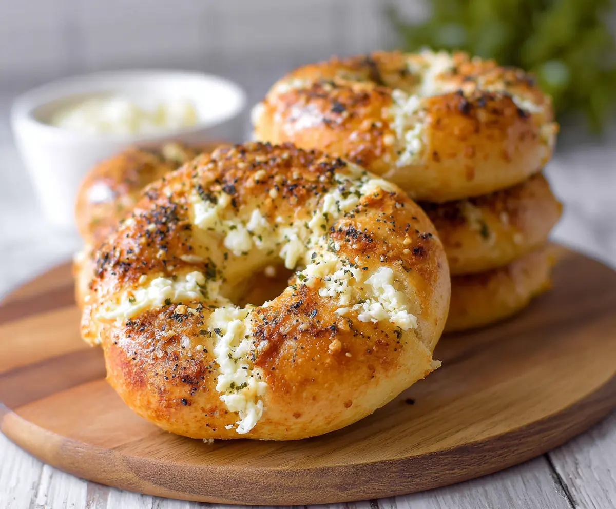 Cream cheese stuffed garlic bagels topped with herbs, perfect for breakfast or brunch.
