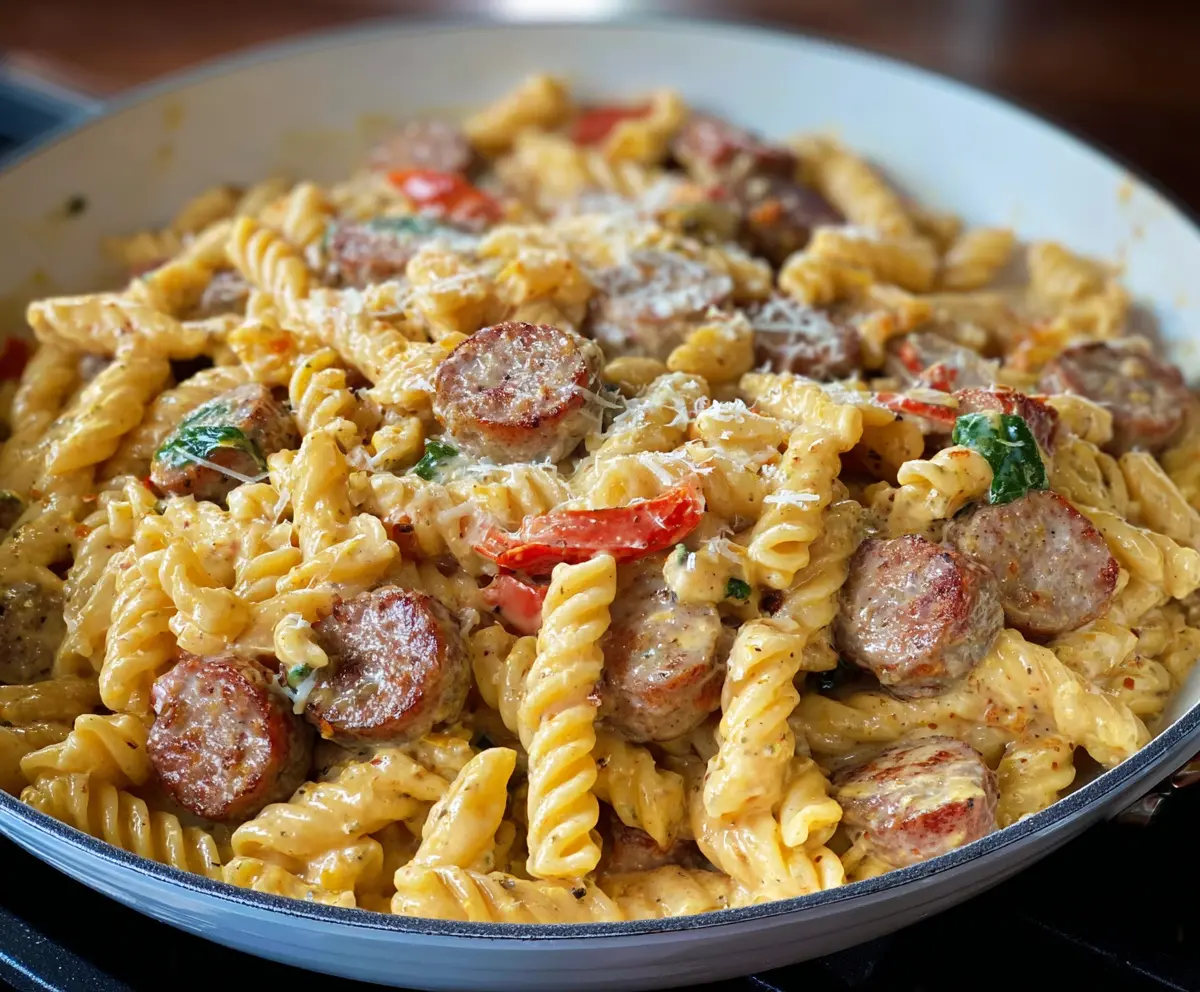 Delicious creamy Cajun sausage pasta with spicy flavors and fresh herbs on a white plate