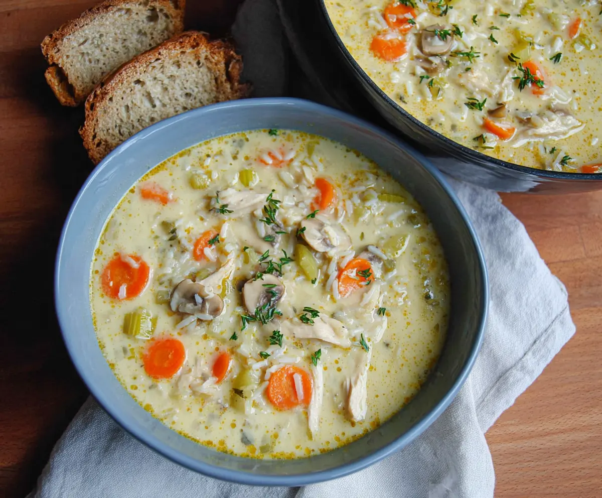 Creamy leek, chicken, and rice soup in a bowl, showcasing fresh ingredients and a rich, comforting texture
