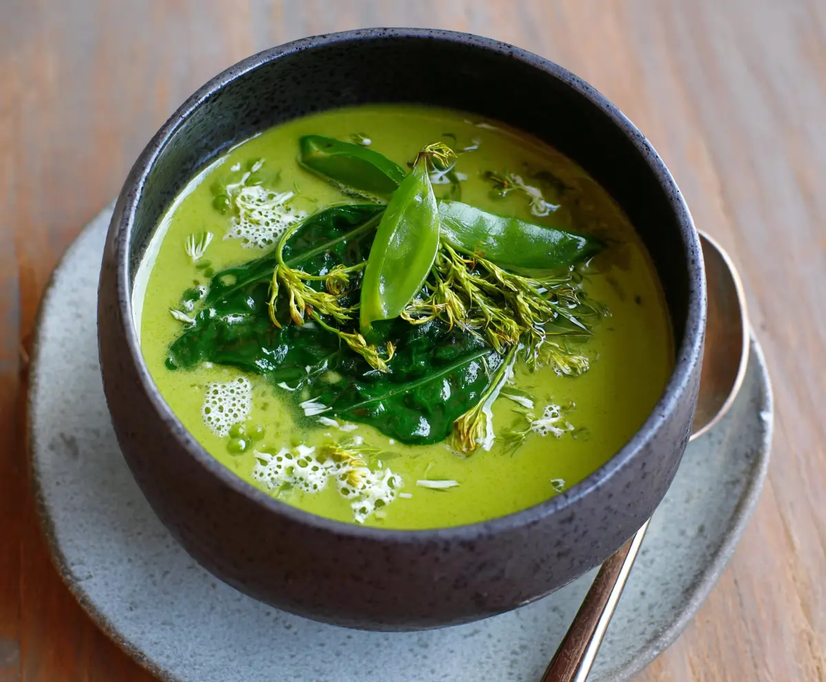 Creamy Spring Greens Soup in a bowl, garnished with fresh herbs and served warm