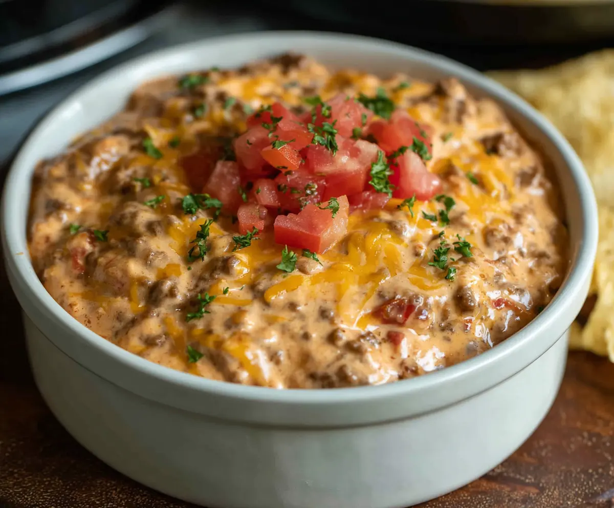 Delicious Crock Pot Cheeseburger Dip served with tortilla chips, perfect for parties and game day snacks.