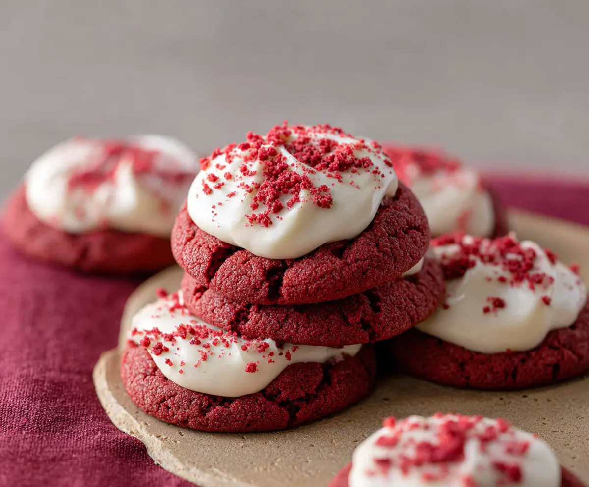 Delicious Crumbl Red Velvet Cupcake Cookies with creamy frosting on top